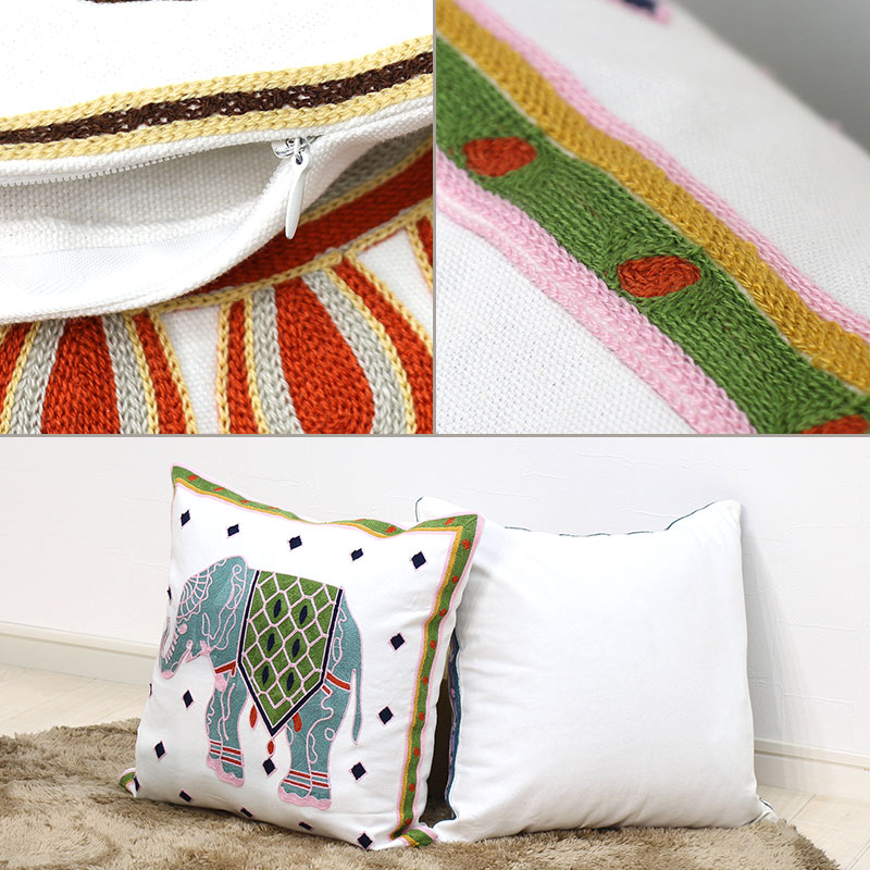 刺繍 クッションカバー 45×45cm おしゃれ アジアン ファスナー付き 綿100%  [M便 1/1]  花 鳥 象  メール便 54514