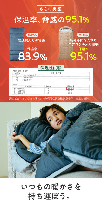 寝袋 80×200 BOU 防災 2way 洗える シュラフ 羽毛布団 掛け布団カバー エアロゲル 撥水加工 ピーチスキン加工 オールシーズン 寝具 来客用 備えない防災 日常使い コンパクト 車中泊 アウトドア ベージュ グレー キャンプ bou